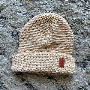 Beige Knit Beanie with Logo Patch